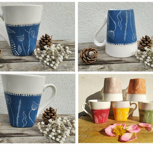 Mug céramique porcelaine fleurs bleu  marine mat, chalky, peint main collection nature