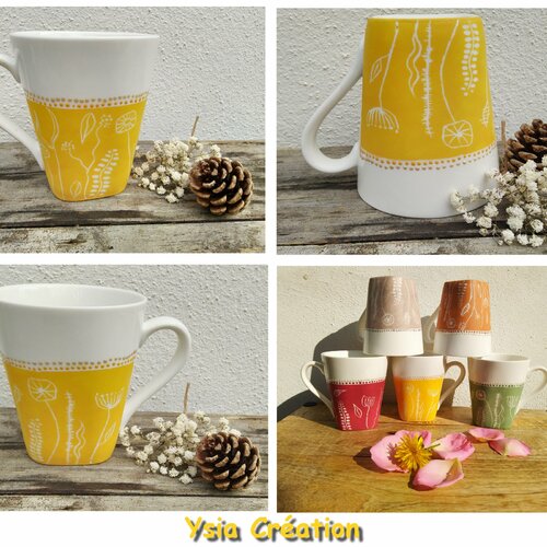 Mug céramique porcelaine fleurs jaune safran mat, chalky, peint main collection nature
