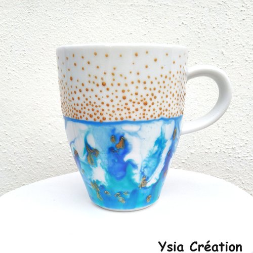 Mug porcelaine bleu et or, tasse céramique dorée, mug artisanal bleu et or fait main