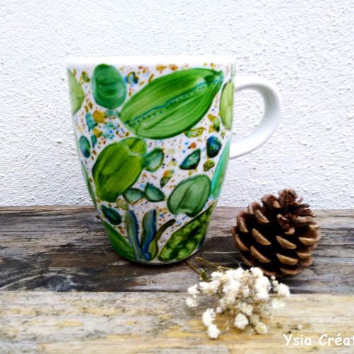 Mug porcelaine vert, tasse céramique feuilles, mug artisanal peint, tasse fait main