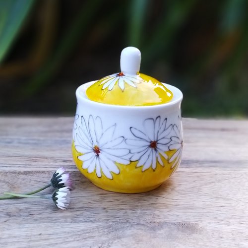 Sucrier en porcelaine marguerites, pot en céramique jaune, petit pot avec couvercle,