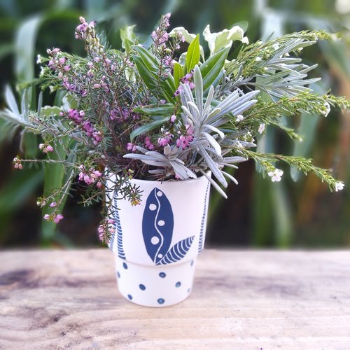 Petit cache-pot porcelaine bleu, jardinière plante d'intérieur, petit vase