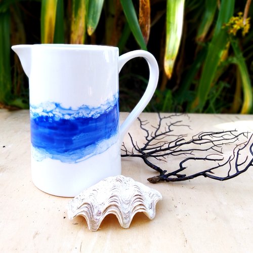 Pichet en porcelaine 70 cl bleu, cruche à eau vague, pot à lait marin