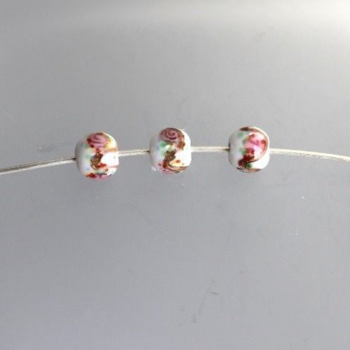 4 perles lampwork ronde, blanc avec decor