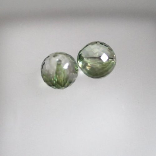 2 perle ronde facettée transparente reflet vert 14 mm