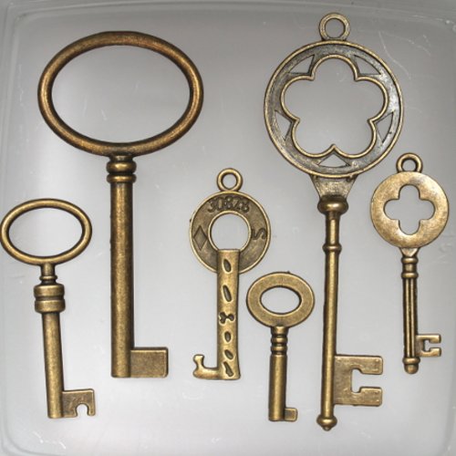 6 pendentifs -  breloques clefs en bronze steam punk