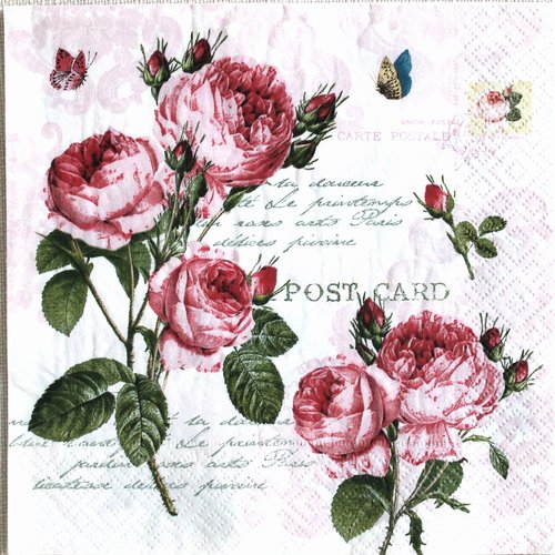 Serviette roses carte postale  33 x 33 cm