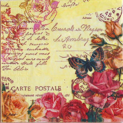 Serviette roses carte postale  n° 2 33 x 33 cm