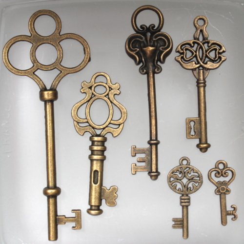 6 breloques clefs en bronze steam punk