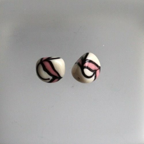  2 perles lampwork blanc, rose et noir