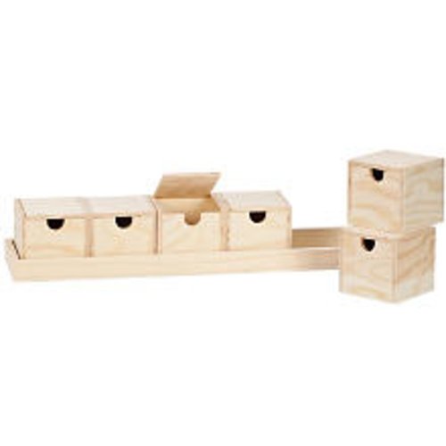 6 boîtes sur plateau en bois