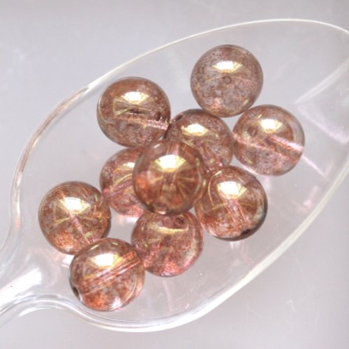 20 perles rondes  transparente mouchetée marron-bordeaux t 10
