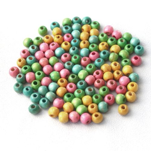 110 perles en bois 10 mm rose, bleu, vert et jaune