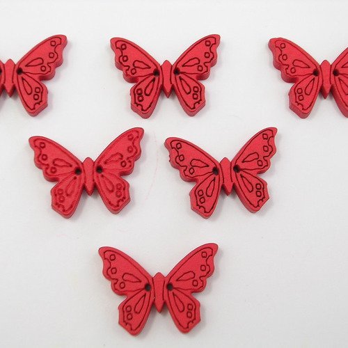 Lot 6 boutons bois : papillon rouge 24mm 