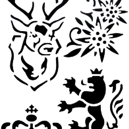 Pochoir plastique  26*18cm : lion, cerf, couronne et fleur