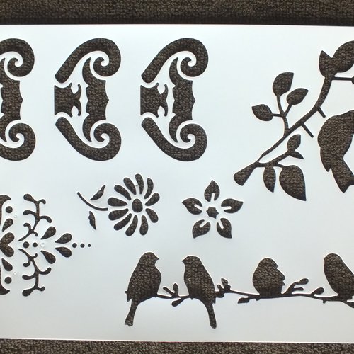Pochoir plastique 21*15cm : oiseaux sur branches et fleurs