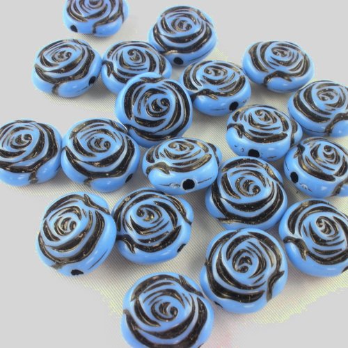 Lot 20 perles acryliques : motif roses bleue/noires 16mm