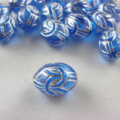 Lot 20 perles acryliques :  ovale avec motif argent 13*9 mm