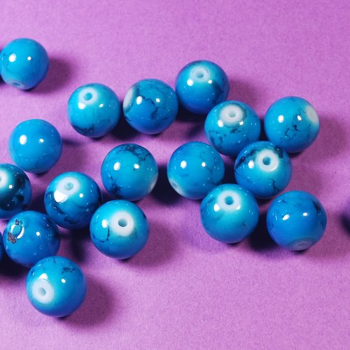 Lot 20 perles verres : rondes bleu/noires 10mm