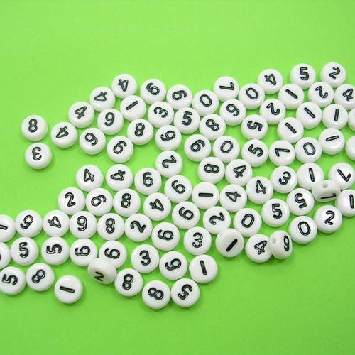Perles acryliques : 100 rondes blanches chiffres noires 7 mm