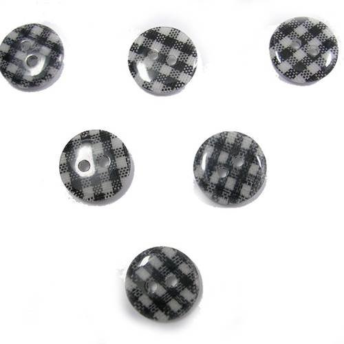 Lot 6 boutons : rond vichy noir/blanc 13mm 
