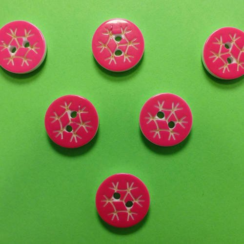 Lot 6 boutons : rond motif flocon rose 13mm 