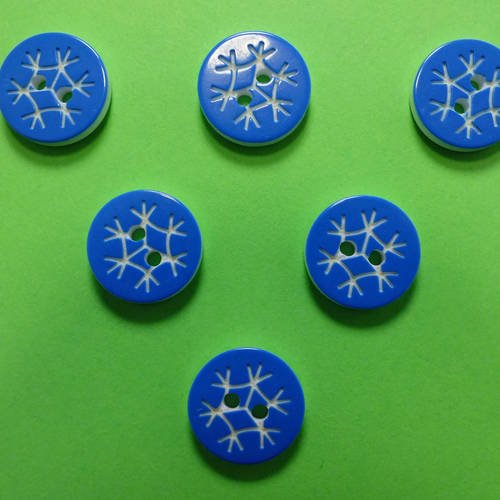 Lot 6 boutons : rond motif flocon bleu 13mm 