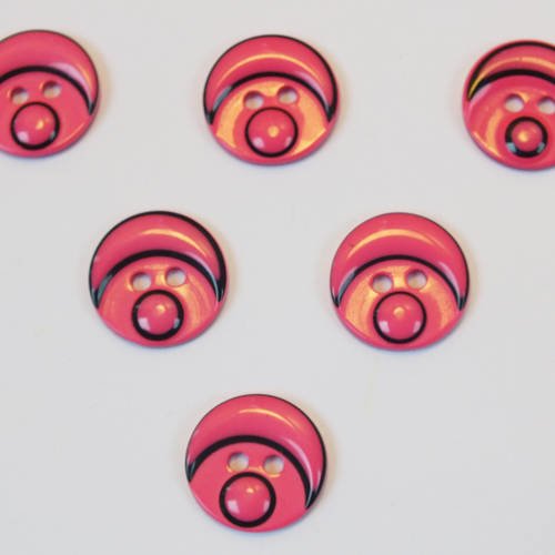 Lot 6 boutons : rond motif tete bonhomme rose fonçé 15mm 