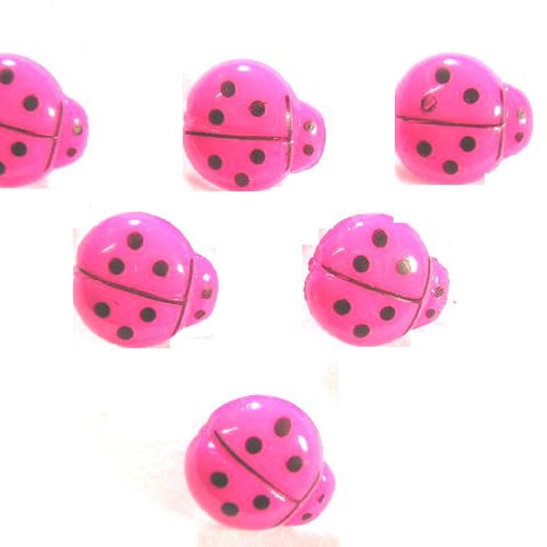 Lot 6 boutons acryliques : coccinelle  rose fonçé/noire 14*13mm