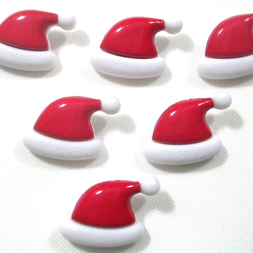 Lot 6 boutons acryliques : bonnet rouge/blanc 17*13mm (01)