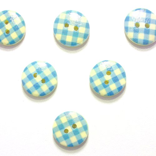 Lot 6 boutons bois : rond motif vichy bleu/blanc 15mm (08)