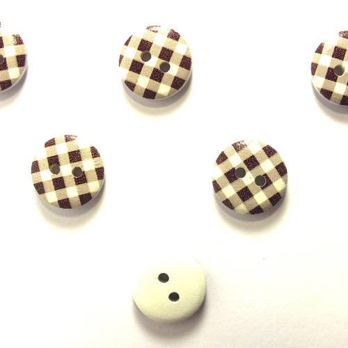 Lot 6 boutons bois : rond motif vichy marron/blanc 15mm (13)