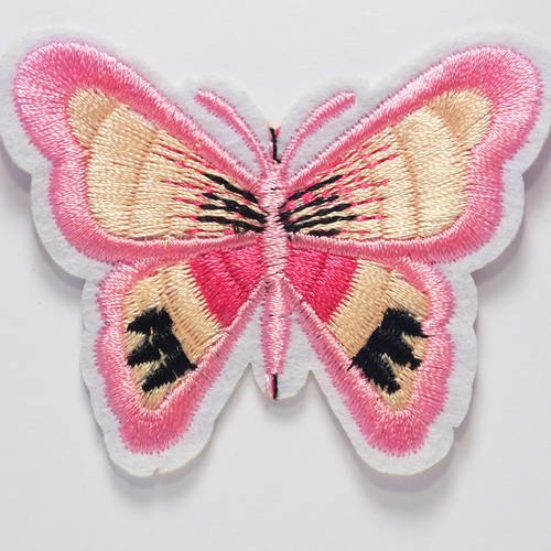 Applique tissu thermocollant : papillon rose/écru/noir 65*50mm 