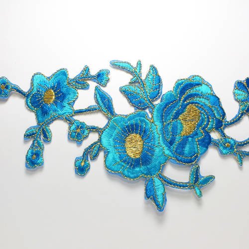 Applique tissu thermocollant : fleur bleu/dorée 250*100mm 