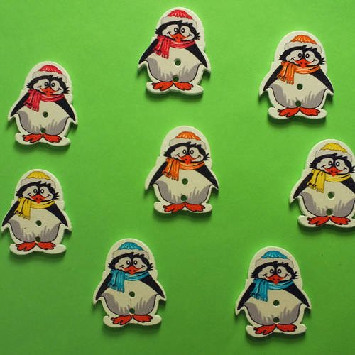 Lot 8 boutons bois : pingouin echarpe  29*24mm 