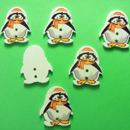 Lot 6 boutons bois : pingouin echarpe orange 29*24mm 