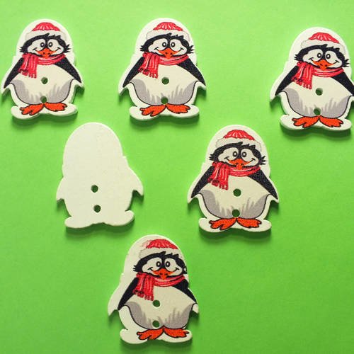 Lot 6 boutons bois : pingouin echarpe rouge 29*24mm 