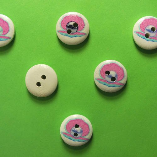 Lot 6 boutons bois : rond thème animaux marins coquille 15mm (03)