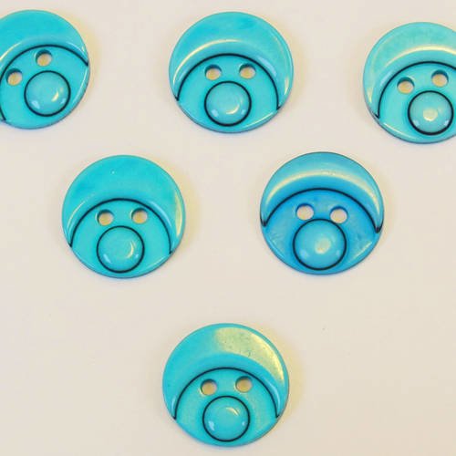 Lot 6 boutons : rond motif tete bonhomme bleu clair 15mm 