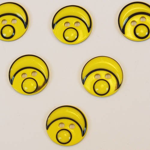 Lot 6 boutons : rond motif tete bonhomme jaune 15mm 