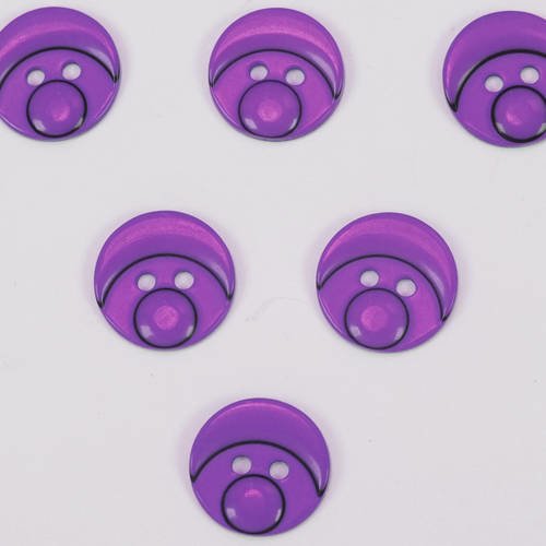 Lot 6 boutons : rond motif tete bonhomme violet 15mm 