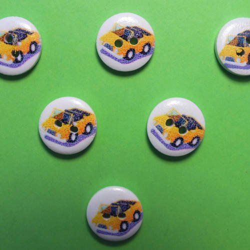 Lot 6 boutons bois : rond thème transport motif voiture 15mm (04)