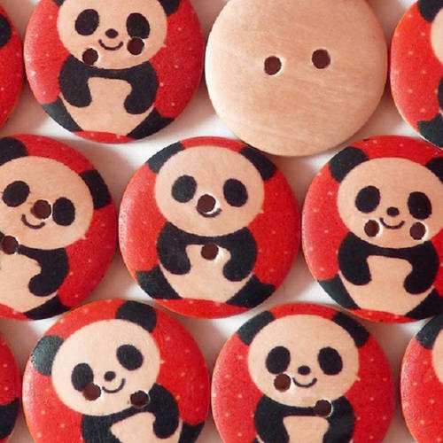 Lot 6 boutons bois : rond rouge motif panda 15mm