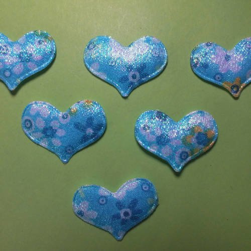 Lot  6 appliques tissus  : coeur bleu fleuri 34*25mm 