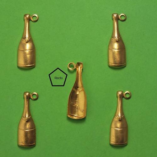 Lot 5 charms/breloques  plaqué doré :  bouteille champagne 19*6mm