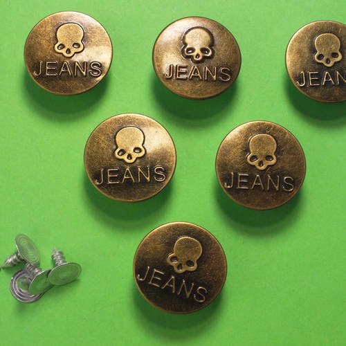 Lot 6 boutons metal 20mm : rond à pression pour jean (45)