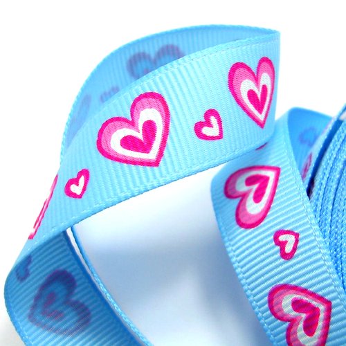 Ruban polyester : bleu motif coeur rose  largeur 17mm longueur 100cm (01)
