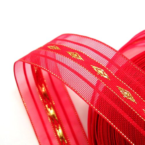 Ruban voile  polyester : rouge/doré  largeur 24mm longueur 100cm