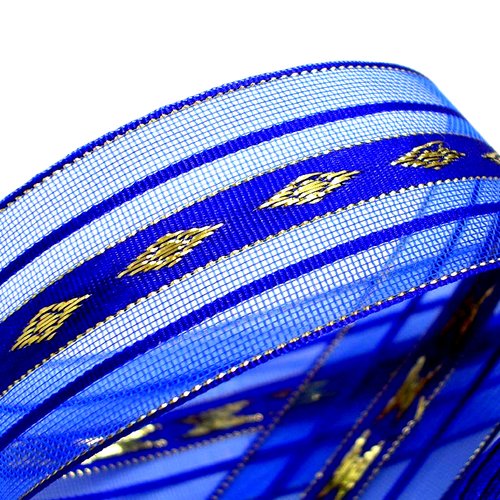 Ruban tissu voile  polyester  : bleu/doré  largeur 24mm longueur 100cm