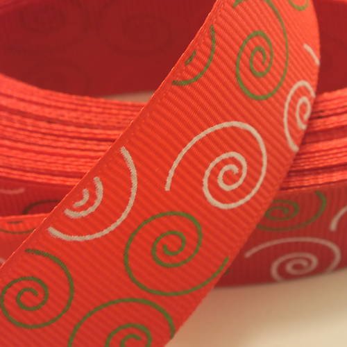 Ruban tissu polyester : rouge motif spirale beige/blanc  largeur 25mm longueur 100cm